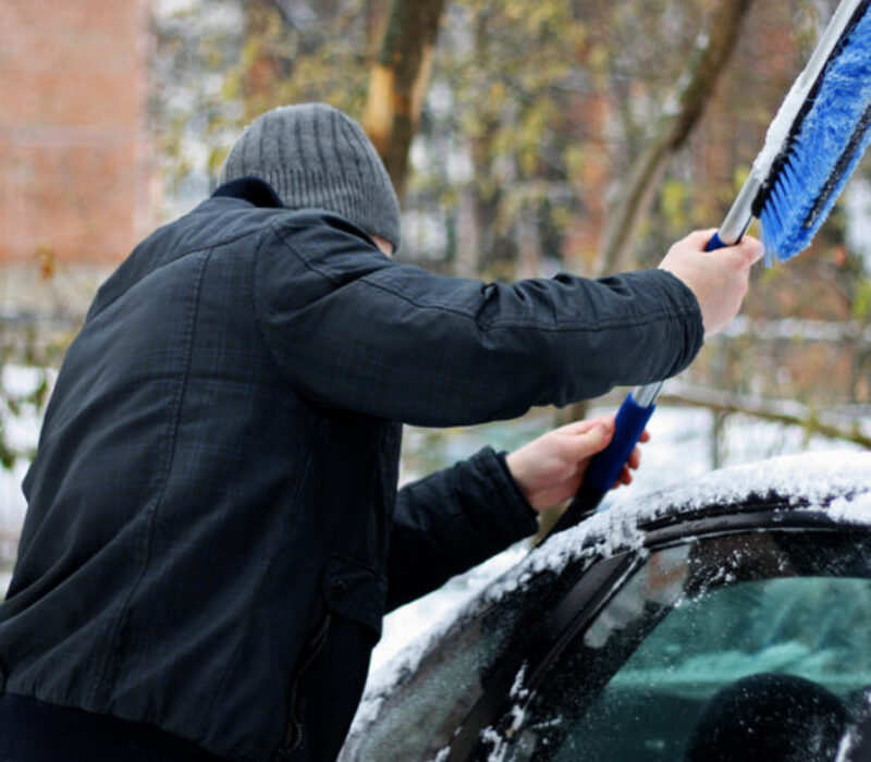 Winter,,Snow,,Vehicle.,Man,Cleaning,Car,From,Snow,With,The